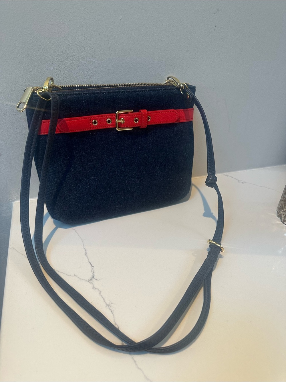 Talbots denim Crossbody Bag with Red Belt Accent